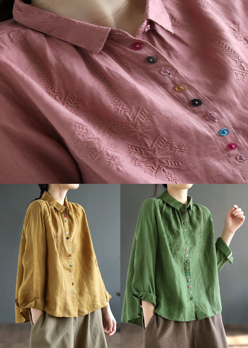 Simple Yellow Peter Pan Collar Embroidered Linen Shirt Spring