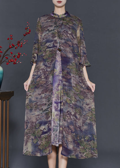 Purple Print Silk Fake Two Piece Dresses Bracelet Sleeve