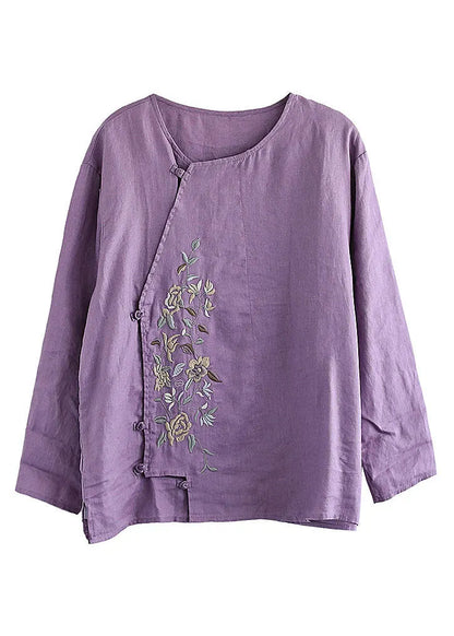Purple Button O-neck Linen Tops Long Sleeve