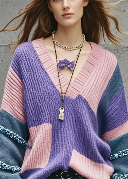 Purple V Neck Patchwork Thcik Sweaters Fall