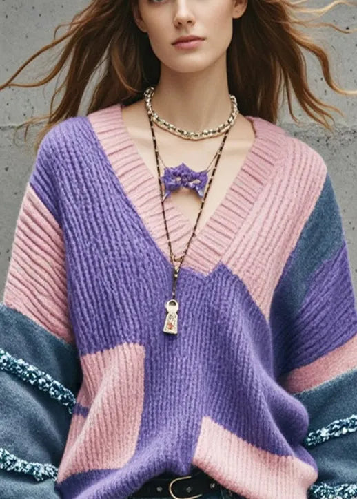 Purple V Neck Patchwork Thcik Sweaters Fall