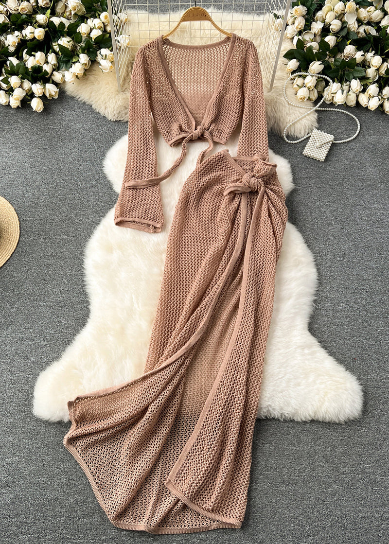 French Blue Hollow Out Tops and Side Open Skirts Knit Two Pieces Set Fall