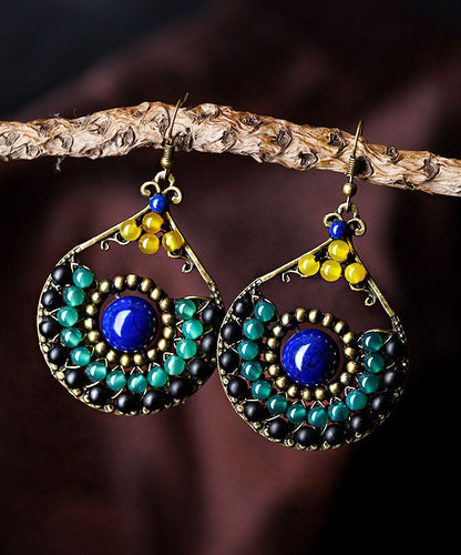 Art Blue Gem Stone Yellow Agate Copper Drop Earrings