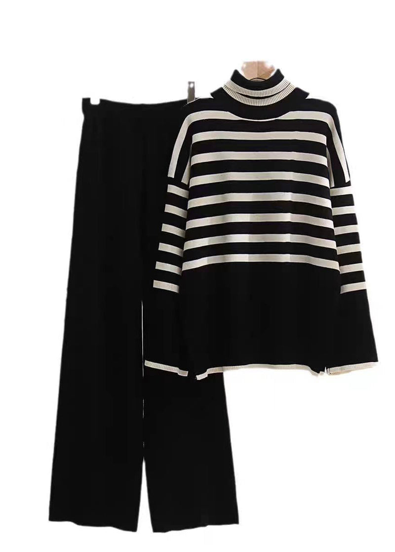 French Khaki High Neck Striped Knit Two Pieces Set Spring