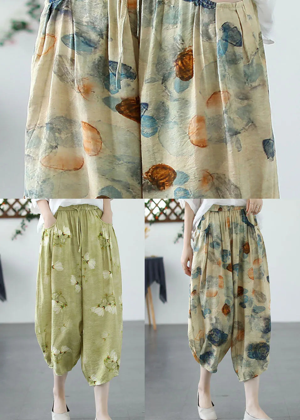 Green Print Pockets Patchwork Linen Harem Pants Summer