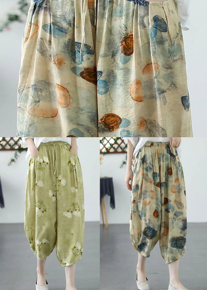 Green Print Pockets Patchwork Linen Harem Pants Summer