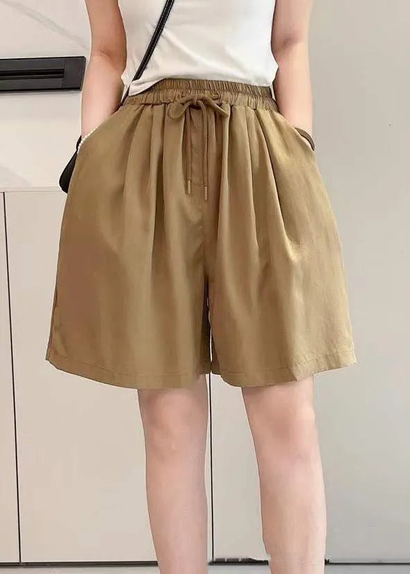 Simple Yellow Pockets Elastic Waist Cotton Shorts Summer