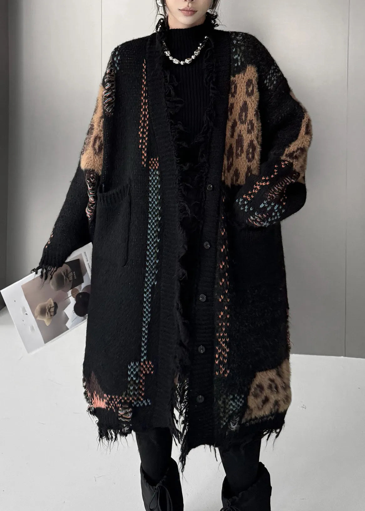Black Print Patchwork Cotton Knit Cardigan Fall