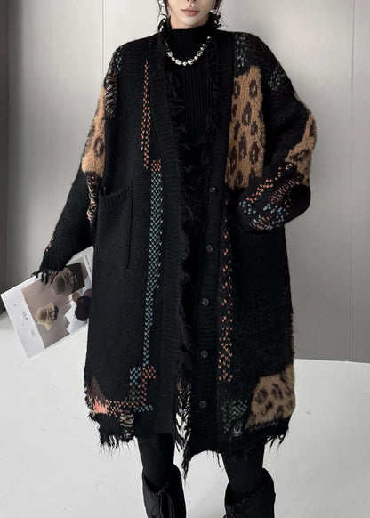 Black Print Patchwork Cotton Knit Cardigan Fall