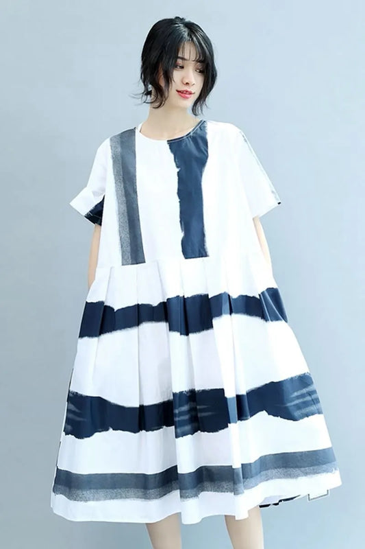Round Neck Blue White Wide Stripe Summer Chiffon Loose Fitting Dresses