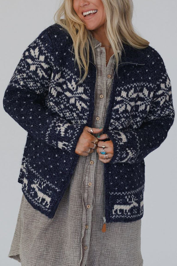 Christmas Snowflake Moose Zip Long-Sleeve Sweater