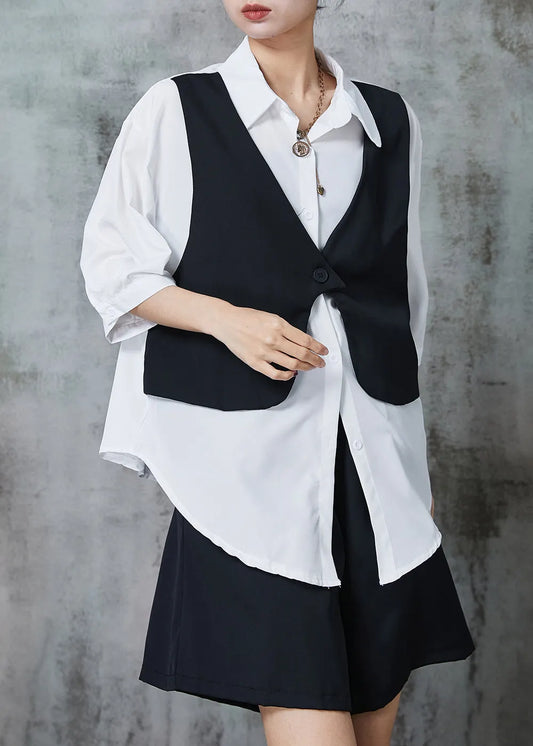 Black Loose Chiffon Fake Two Piece Shirts and Shorts Two Pieces Set Oversized Summer