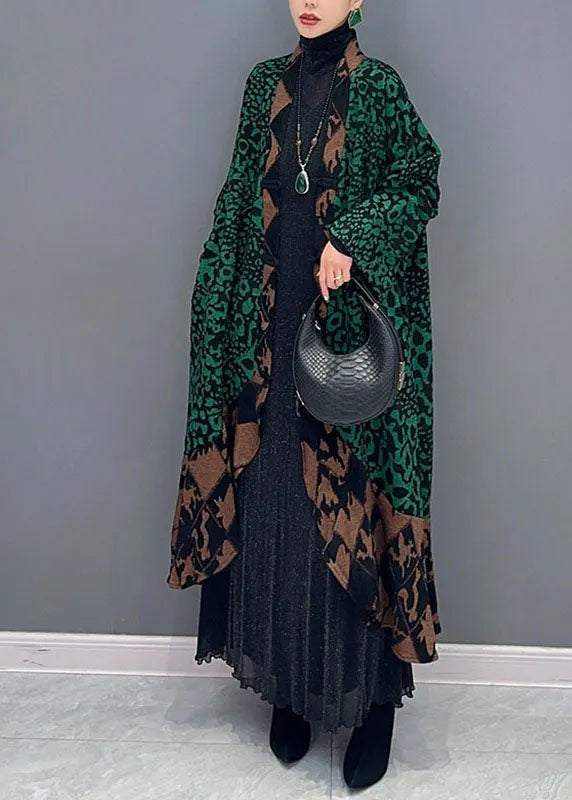 Green V Neck Print Patchwork Long Knit Cardigans Fall
