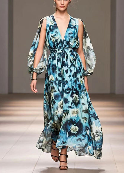 Blue Print Exra Large Hem Chiffon Long Dress Fall