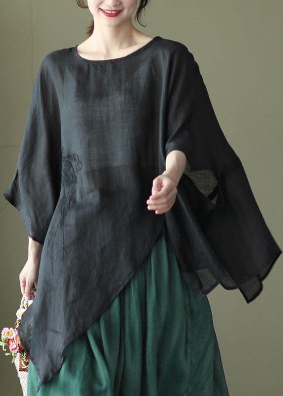 Art Black Phoenix Asymmetrical Design Embroidered Summer Ramie Shirt Tops
