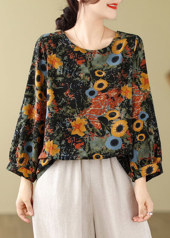 Red O Neck Print Cotton T Shirts Top Long Sleeve