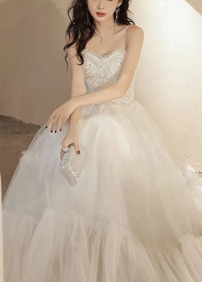 White Ruffled Sequins Tulle Spaghetti Strap Dress Sleeveless