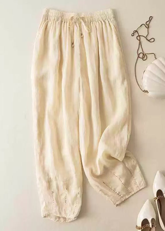 Apricot Pockets Drawstring Linen Crop Pants Summer