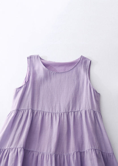 Simple Purple O-neck Cotton Long Dresses Sleeveless