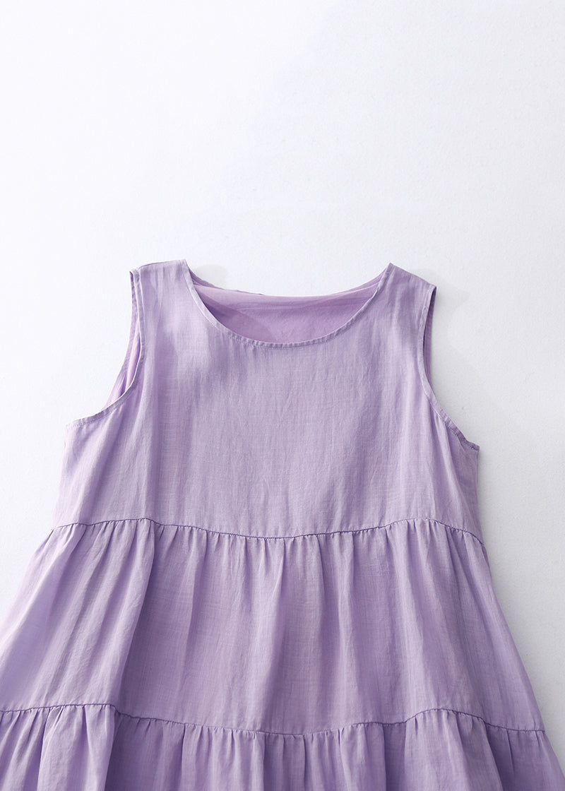 Simple Purple O-neck Cotton Long Dresses Sleeveless