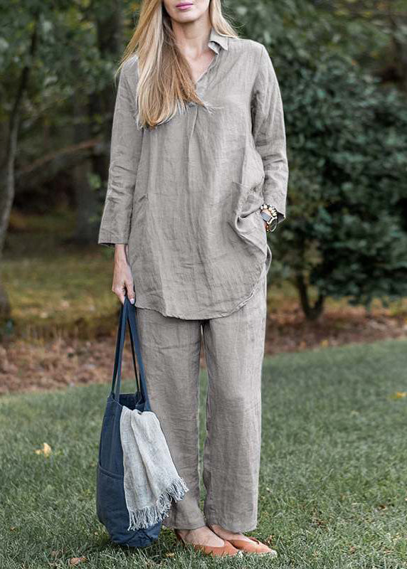Grey Tops and Pants Cotton Two Pieces Set Long Sleeve