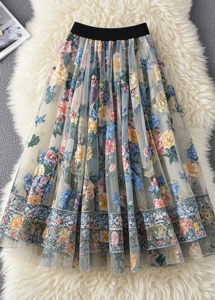 French White Print Tulle Holiday Skirt Summer