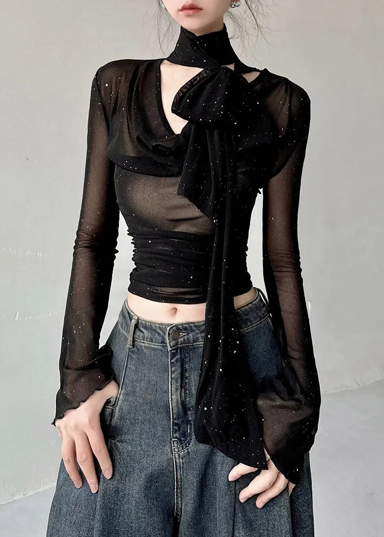 Slim Fit Black V Neck Tulle T Shirts Fall