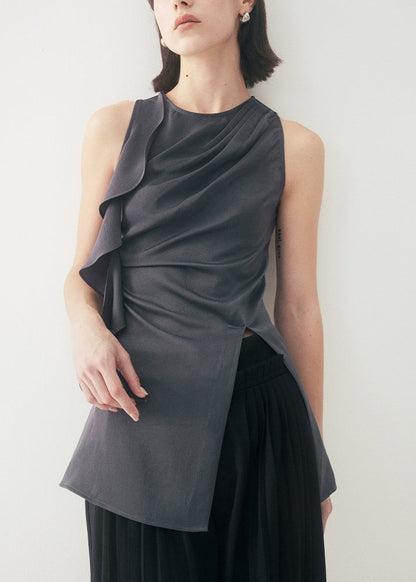 Original Grey O-neck Ruffled Patchwork Side Open Top Sleeveless