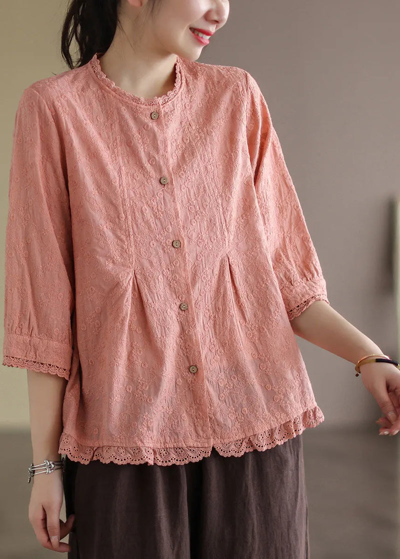 French Purple Embroidered Lace Patchwork Wrinkled Cotton Shirt Tops Bracelet Sleeve