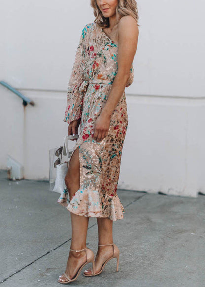 Fine One Shoulder Print Side Open Tie Waist Cotton Dress Summer