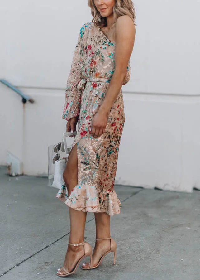 Fine One Shoulder Print Side Open Tie Waist Cotton Dress Summer