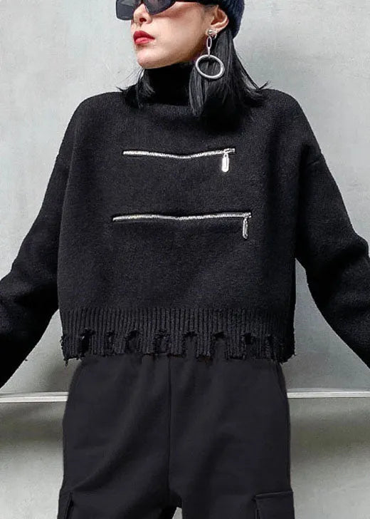 Black Zippered Tasseled Fall Sweater