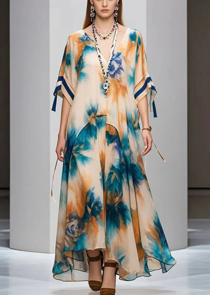 Diy Khaki Oversized Print Chiffon Maxi Dresses Fall