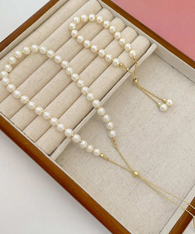 White Copper Alloy Pearl Tassel Charm Bracelet and Gratuated Bead Necklace Two Piece Set