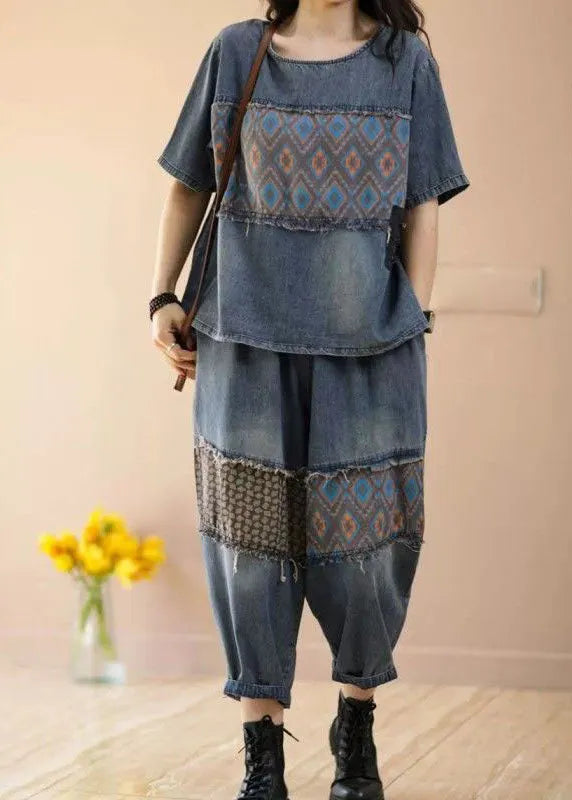 Blue O-neck Patchwork Tops and Pants Denim Two Pieces Set Summer