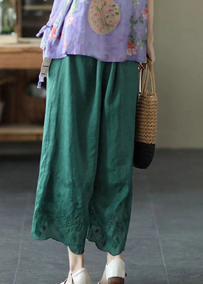 Green High Waist Linen Wide Leg Pants Embroidered Summer