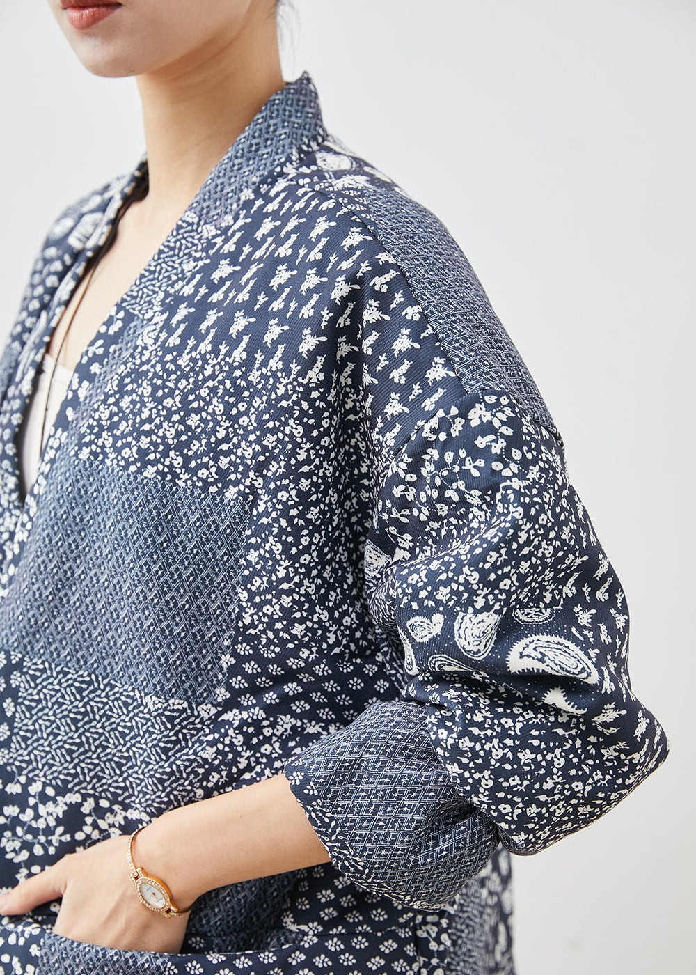 Navy Oversized Print Linen Coat Spring