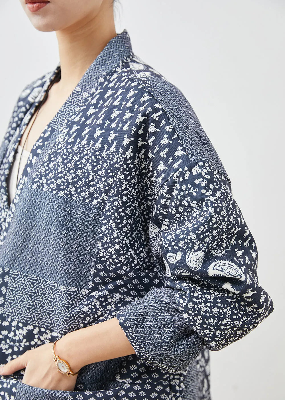 Navy Oversized Print Linen Coat Spring