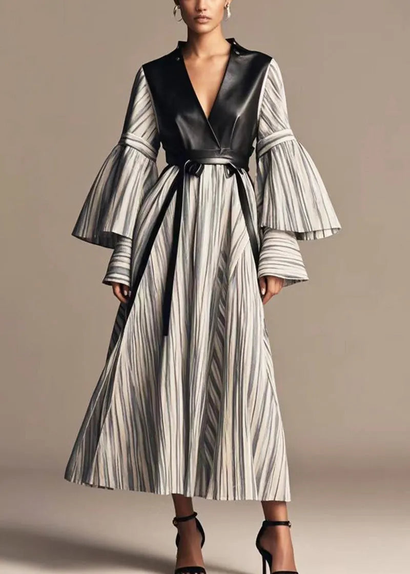 Grey Striped Patchwork Faux Leather Cotton Holiday Dress Flare Sleeve