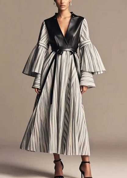 Grey Striped Patchwork Faux Leather Cotton Holiday Dress Flare Sleeve
