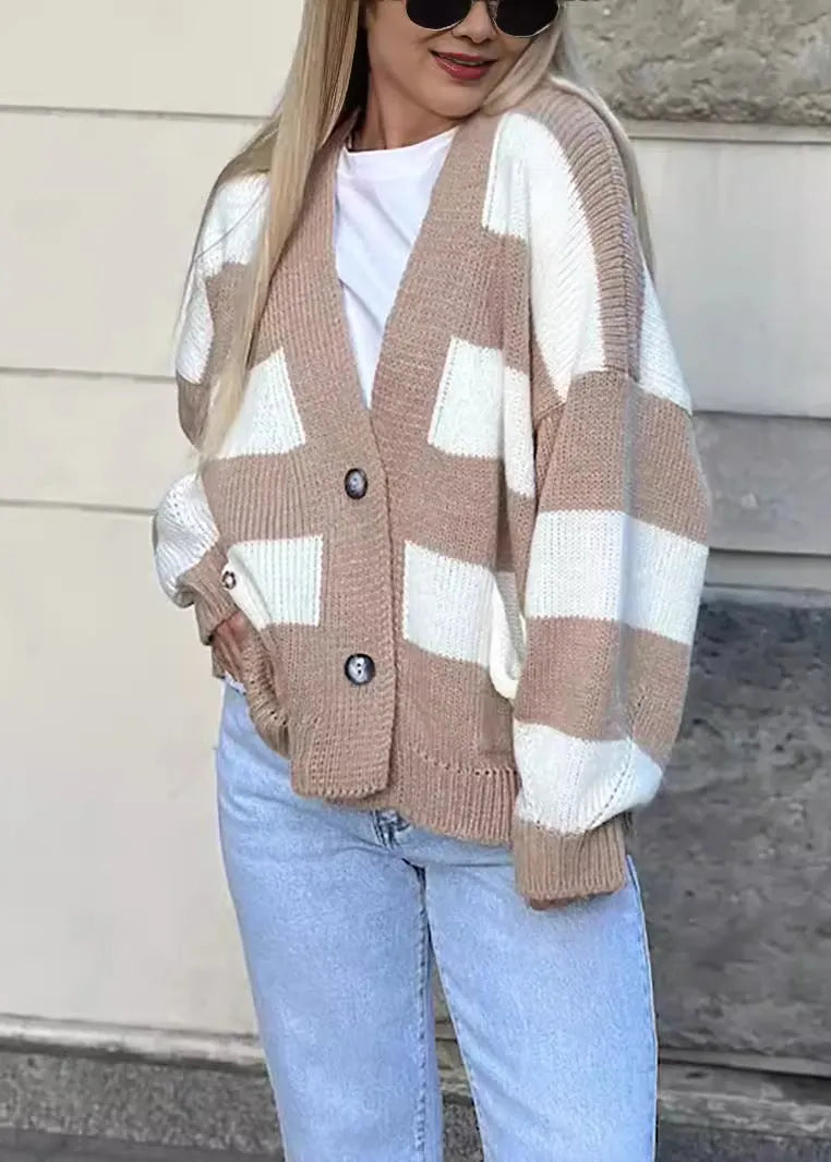 Grey V Neck Pockets Striped Knit Cardigan Fall