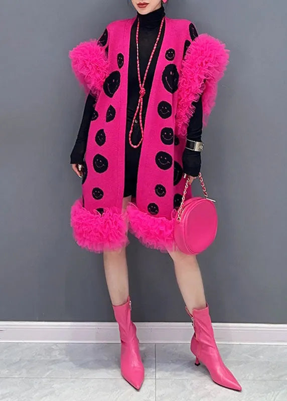 Rose Dot Print Tulle Patchwork Knit Waistcoat Sleeveless