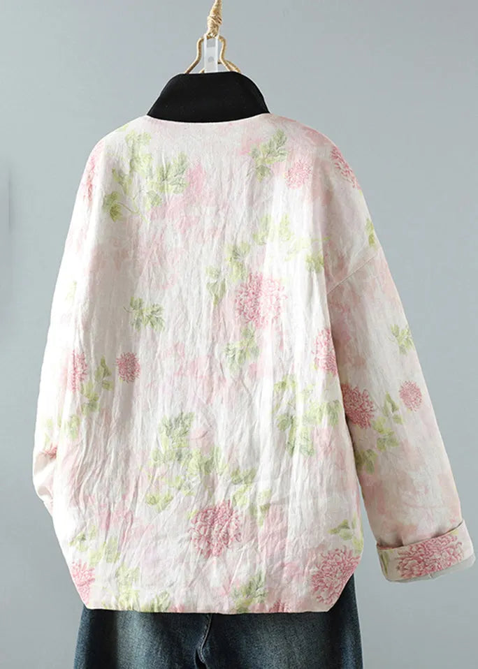 Pink Stand Collar Patchwork Print Fine Cotton Filled Oriental Coats in Winter