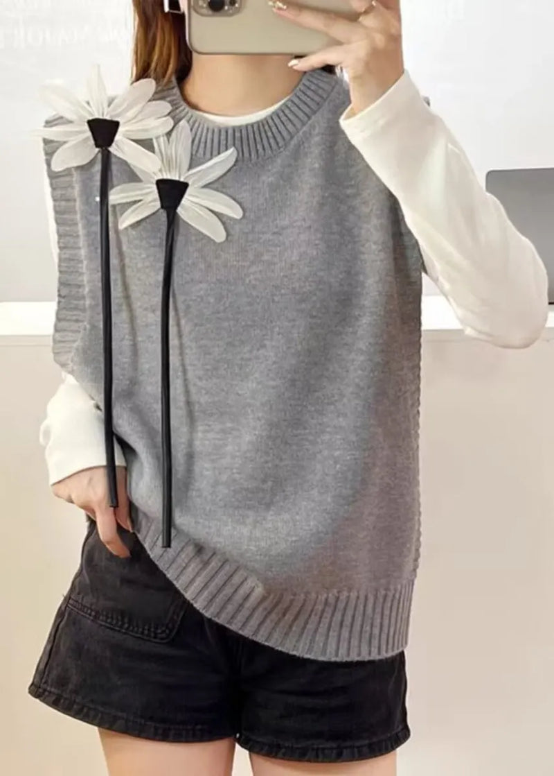 Modern Grey Decorated Warm Knit Vests Fall