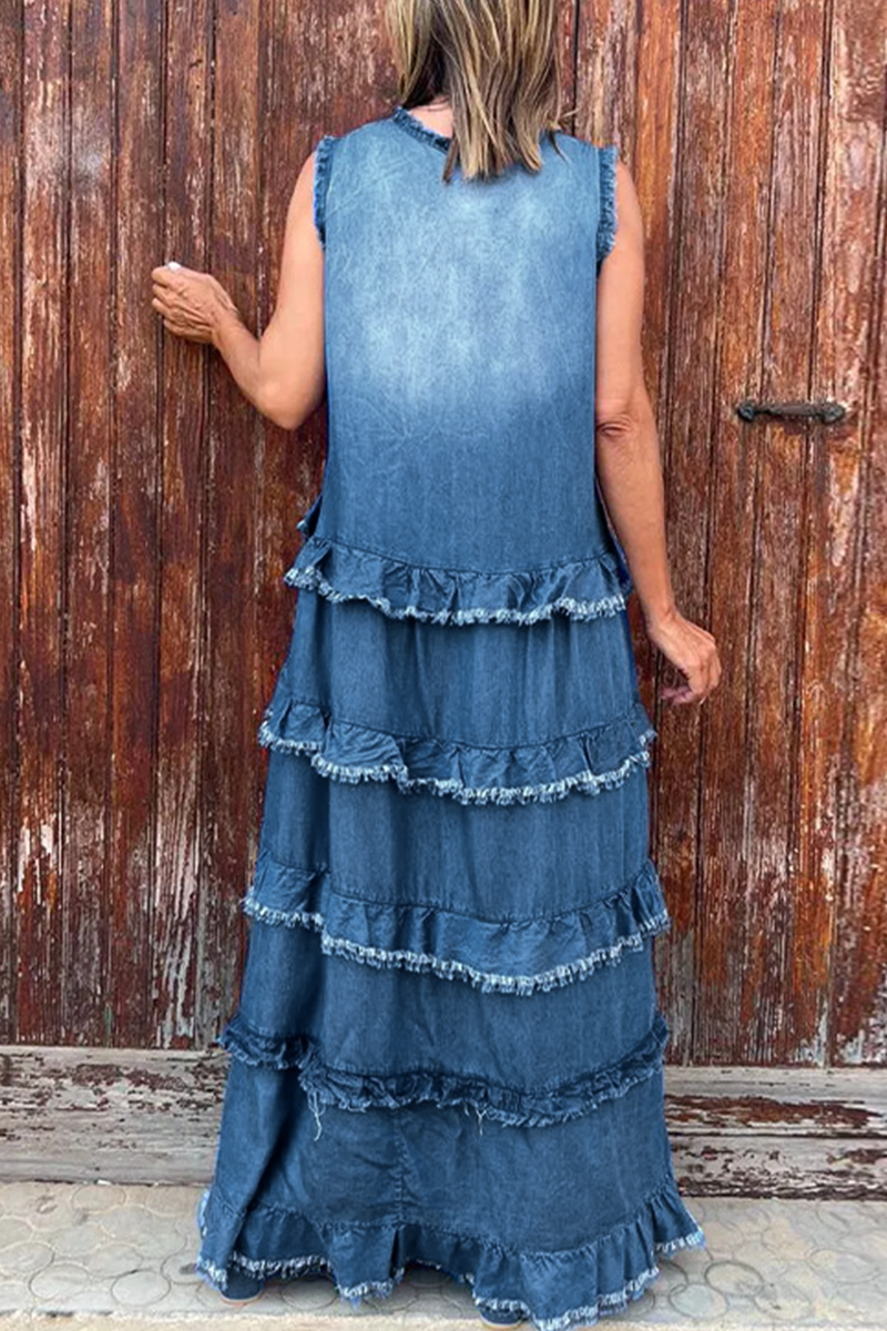 Color Distressed Ruffle V Neck Sleeveless Loose Denim Dresses(4 Colors)