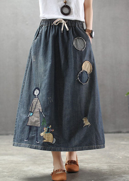 Light Blue Elastic Waist Patchwork Cartoon Embroidered Tulle Denim Skirts Spring