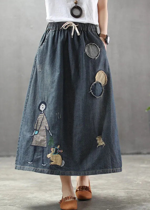 Light Blue Elastic Waist Patchwork Cartoon Embroidered Tulle Denim Skirts Spring