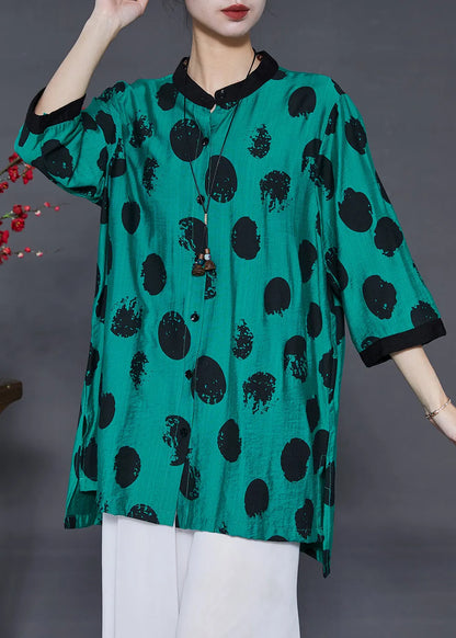 Green Oversized Print Linen Silk Long Shirt Summer