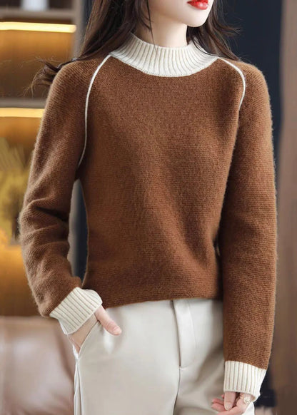 Brown Turtleneck Cozy Patchwork Wool Knit Sweaters