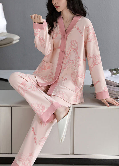 Pink Print Pockets Cotton Pajamas Two-piece Set V Neck Fall